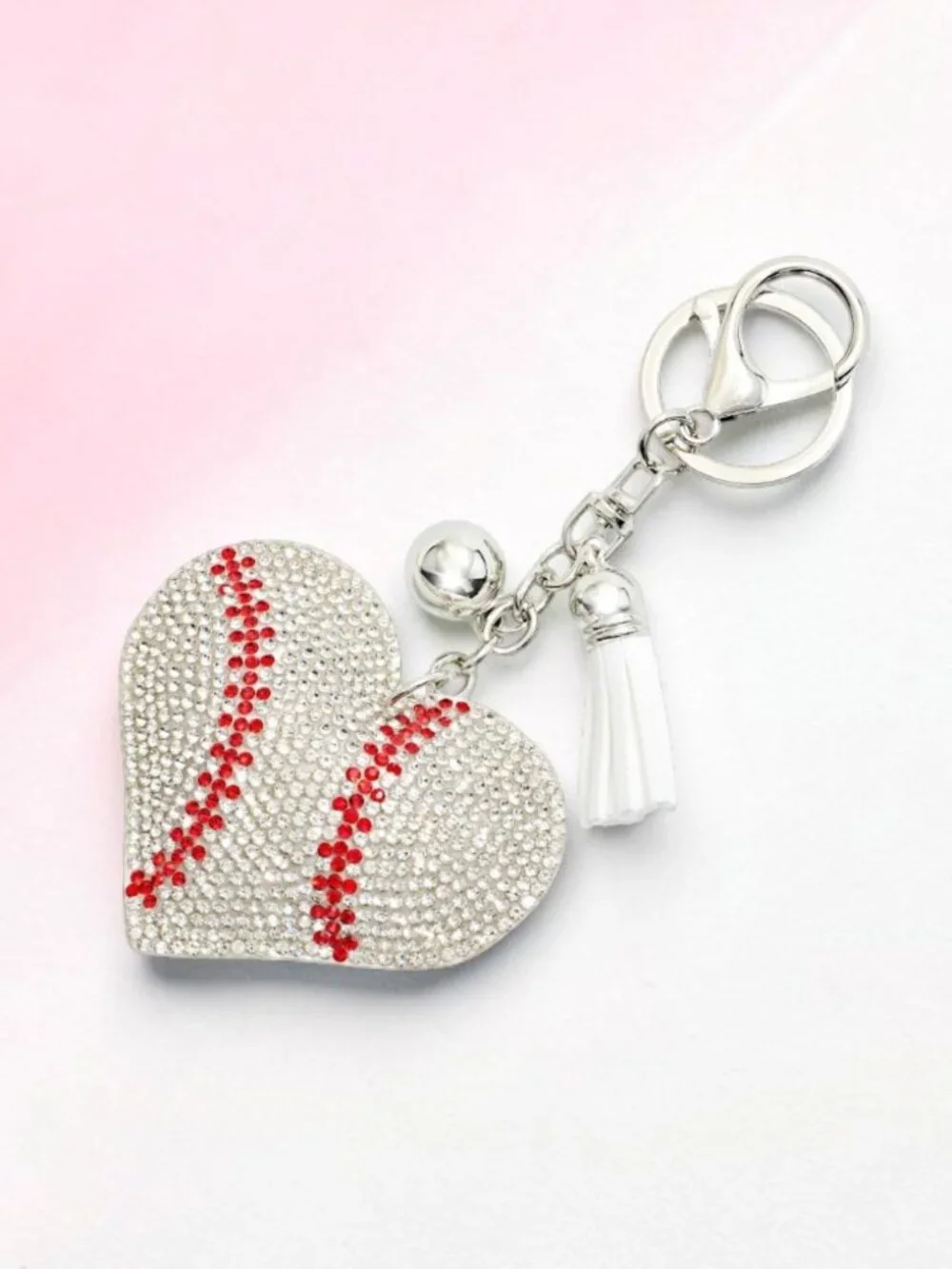 Baseball Heart Tassel Bling Faux Suede Stuffed Pillow Key Chain Handbag Charm